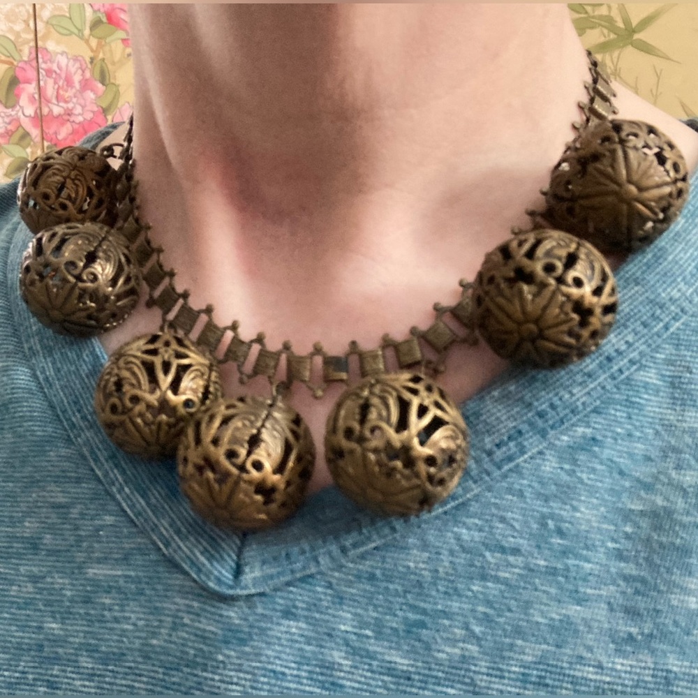 Antique Victorian Brass Filigree Ball Book Link Chain Necklace - Picture 16 of 17